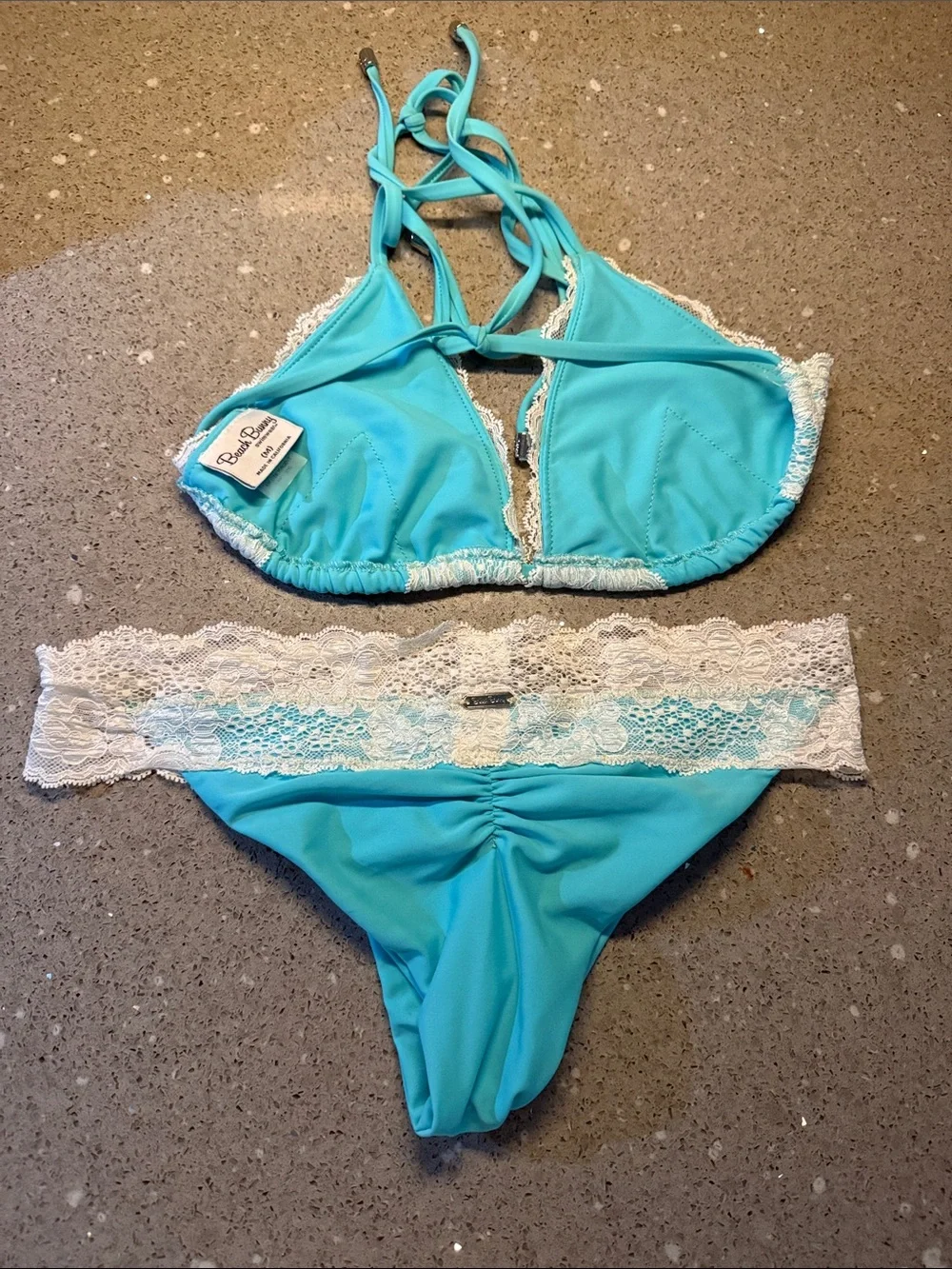 Beach Bunny Aqua and Ivory Lace Triangle Bikini Set